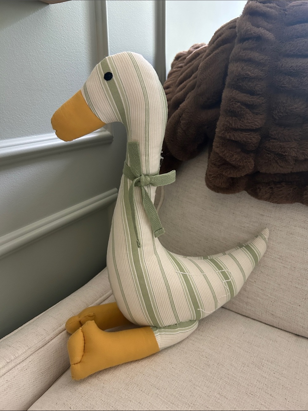 Edgehill x Ellen Hockman collab Fabric Goose Plush in Sage and Mustard